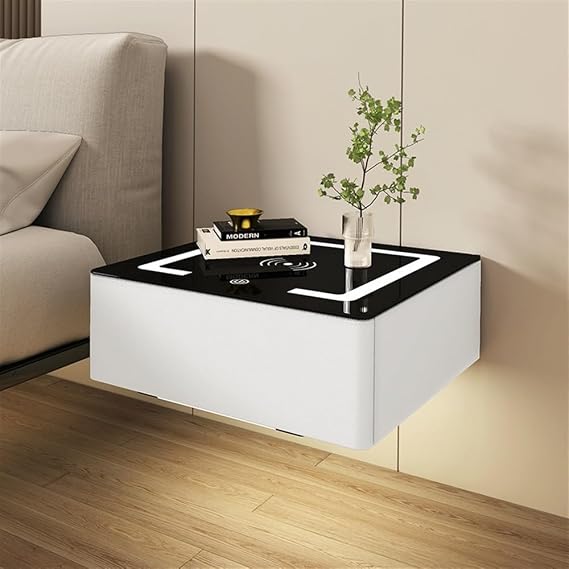 Wall Mounted Bedside Table with Drawer, Floating Nightstand with Wireless Charging and Smart Light, Solid Wood Frame, Modern Bed Side Table(White,48cm/19in)