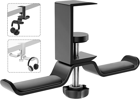 MoKo Headphone Hanger, Aluminum 360 Rotating Dual Headphone Stand Under Desk Headset Holder Earphone Mount with Adjustable Clamp for All Headphones,PC Gaming Headphone - Black