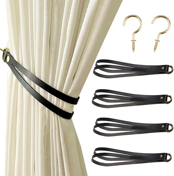 4 pcs Leather Curtain Tiebacks,Leather Curtain Rod Holder with Hooks,Office Living Room Cafe Balcony Curtain Buckle Decorative Accessory (Black)