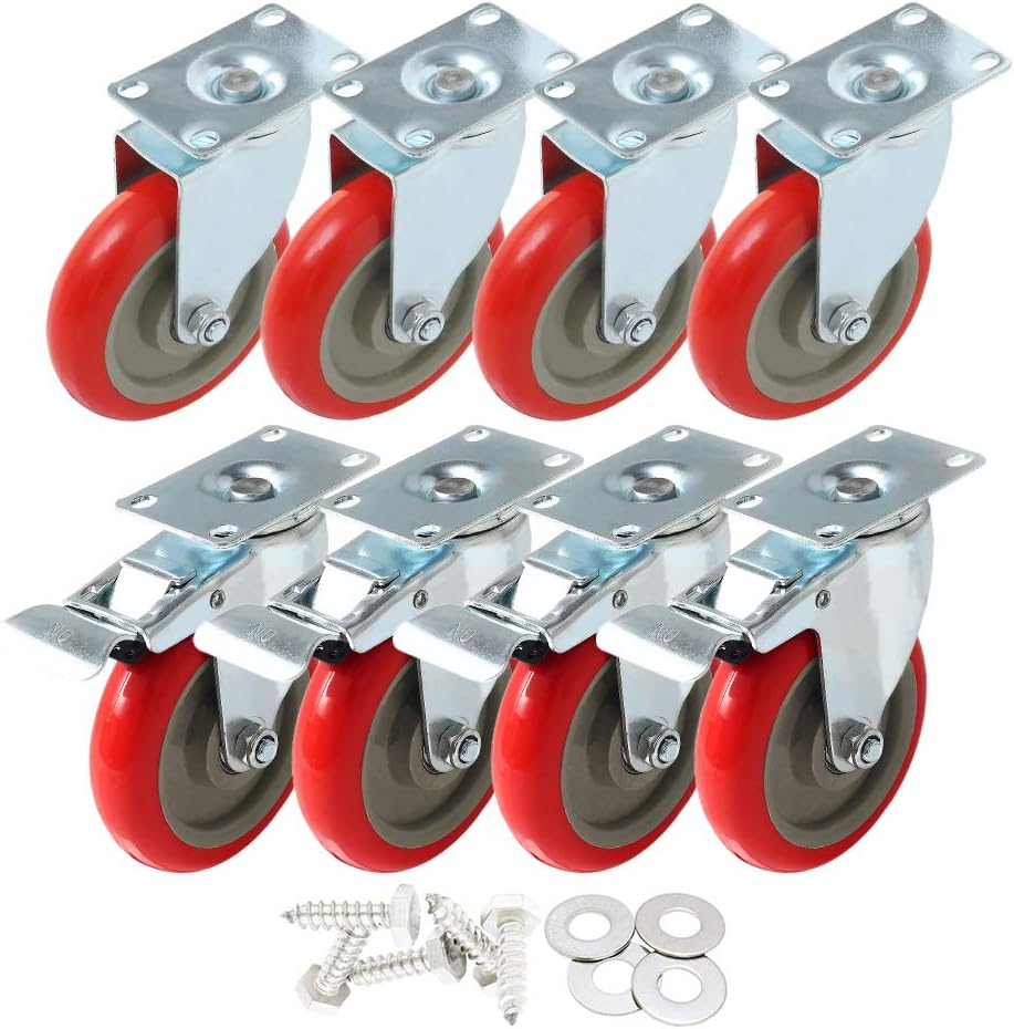 8 Pack 5 Inch Combo Caster Swivel Plate 4 wBrake & 4 Plate Heavy Duty on Red PU Wheels with Heavy Duty Screws