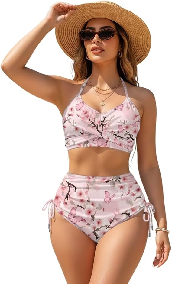 WELLFLYHOM Two Piece Swimsuit for Women High Waisted Tummy Control Bikini Set Drawstring Tie Back Swimwear Ruched Beachwear
