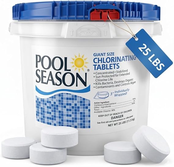 Pool Season Chlorine Tablets 3 Inch for Swimming Pools, 25 lb Bucket