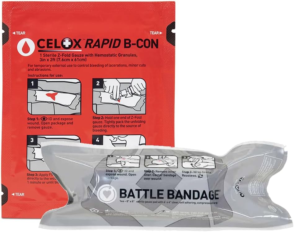 Celox Rapid B-CON Z-Fold Gauze and Battle Bandage Bundle. Emergency First Aid Equipment for Massive Hemorrhage Control, Made in The USA