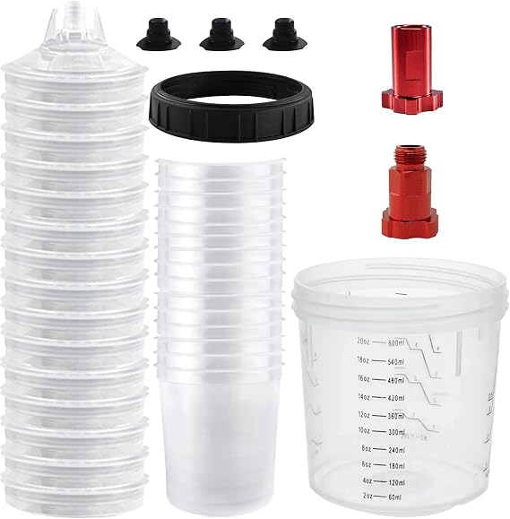 Disposable Paint Cups for Automotive Paint Gun, HVLP Paint Spray Gun Mixing Cups 20 Ounce (600ml) Kit with 15 Cups and Lids System, 1 Hard Cup with Retainer Ring, 2 Adapter, Paint Stirrer