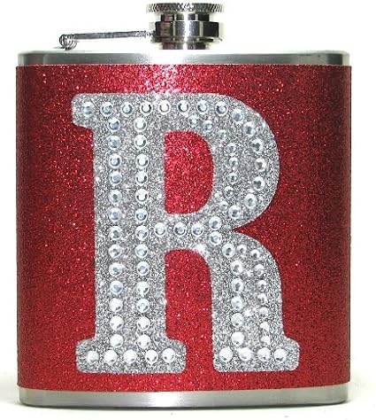 Ruby Red Personalized Large Rhinestone Glitter Initial 6 oz Liquor Hip Flask Flasks Gift