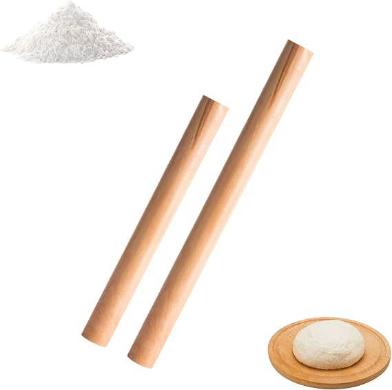 2pcs Beech Wood Rolling Pin, Smooth Non-Sticky Rolling Pin Wooden Roller Baking Tool for Pizza Dough Bread Cookies Pastry Pie Fondant Dumpling Skin No Handle 30cm 25cm