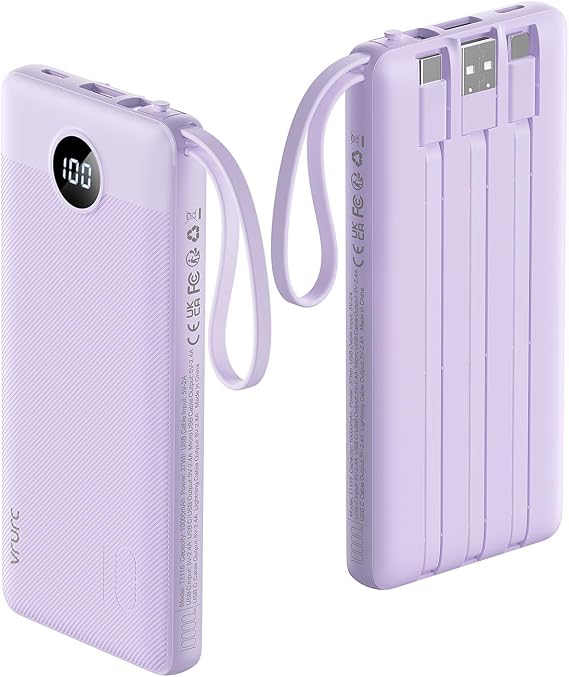 VRURC Portable Charger,4 Built -in Cables Power Bank 10000mAh,Flight-Safe