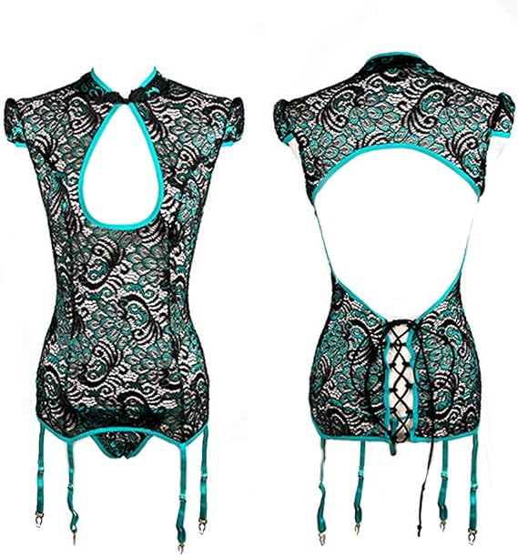 TEMPT Women's Sexy Lingerie Set Hollow Peacock Pattern Chinese Traditional Cheongsam