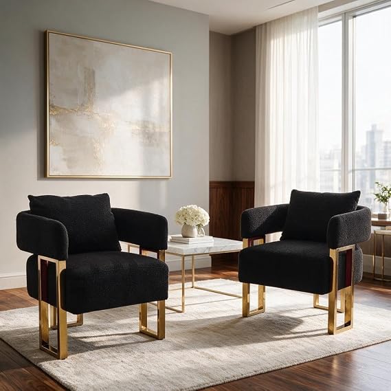 YITAI Modern Accent Chairs no Wheels, Living Room Side Chairs Set of 2 with Golden Metal Legs, Barrel Soft Upholstered Reading Armchairs for OfficeReception RoomBedroomLounge,Teddy Black