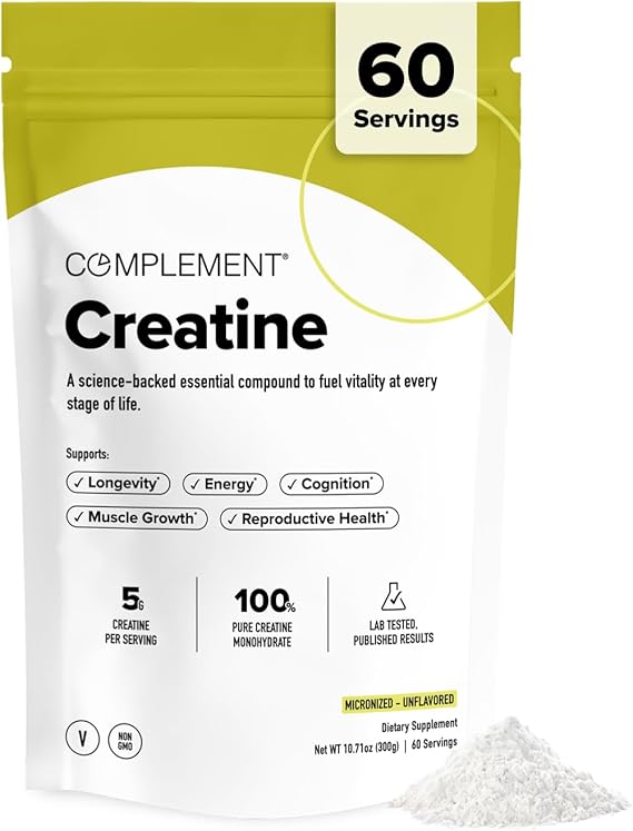 Complement Creatine Monohydrate Micronized Powder - Pre-Workout, Post-Workout, Muscle Recovery, Brain Health, Longevity, Energy Supplements for Women and Men - Vegan, Unflavored 5g, 60 Servings