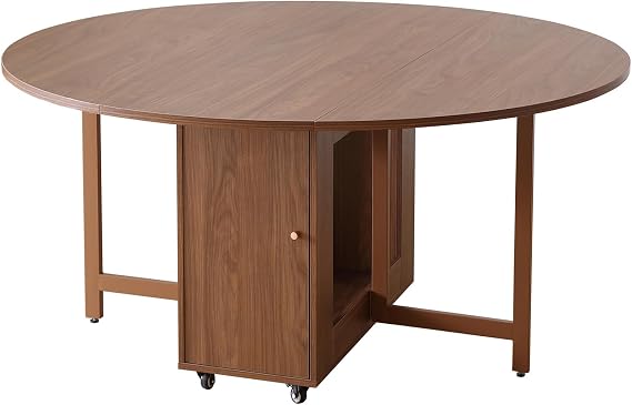 47.3" Round Folding Dining Table with Storage and Wheels for 4-6 | Foldable Drop Leaf Design, 18mm Thick Board, Cabinet, 4 Wheels, Heat & Scratch Resistant, for Kitchen Dining Room Living Room