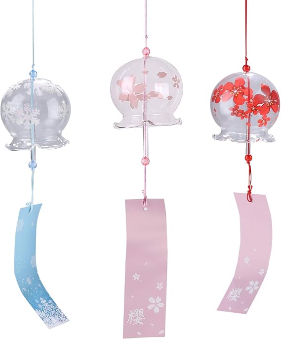 Japanese Ruffled Wind Chimes Cute Flowers Small Wind Bells Handmade Glass Japanese Style Pendant for Home Decors (3 pcs, Snowflakes, Roses, Sakura)