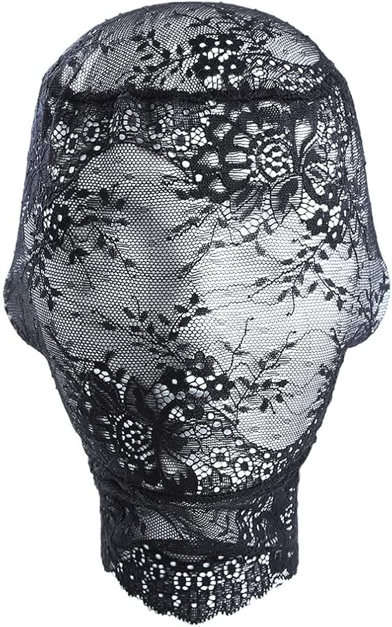 Lace Full Face Masquerade Mask Mesh Headwear Rave Hollow Out Head Covers Black Body Chains Halloween See Through Costume Party Outfits