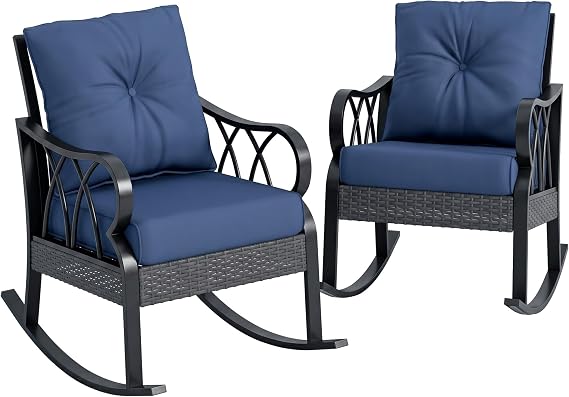 Outsunny 2 Piece Outdoor Wicker Rocking Chair Padded Cushions Aluminum Blue