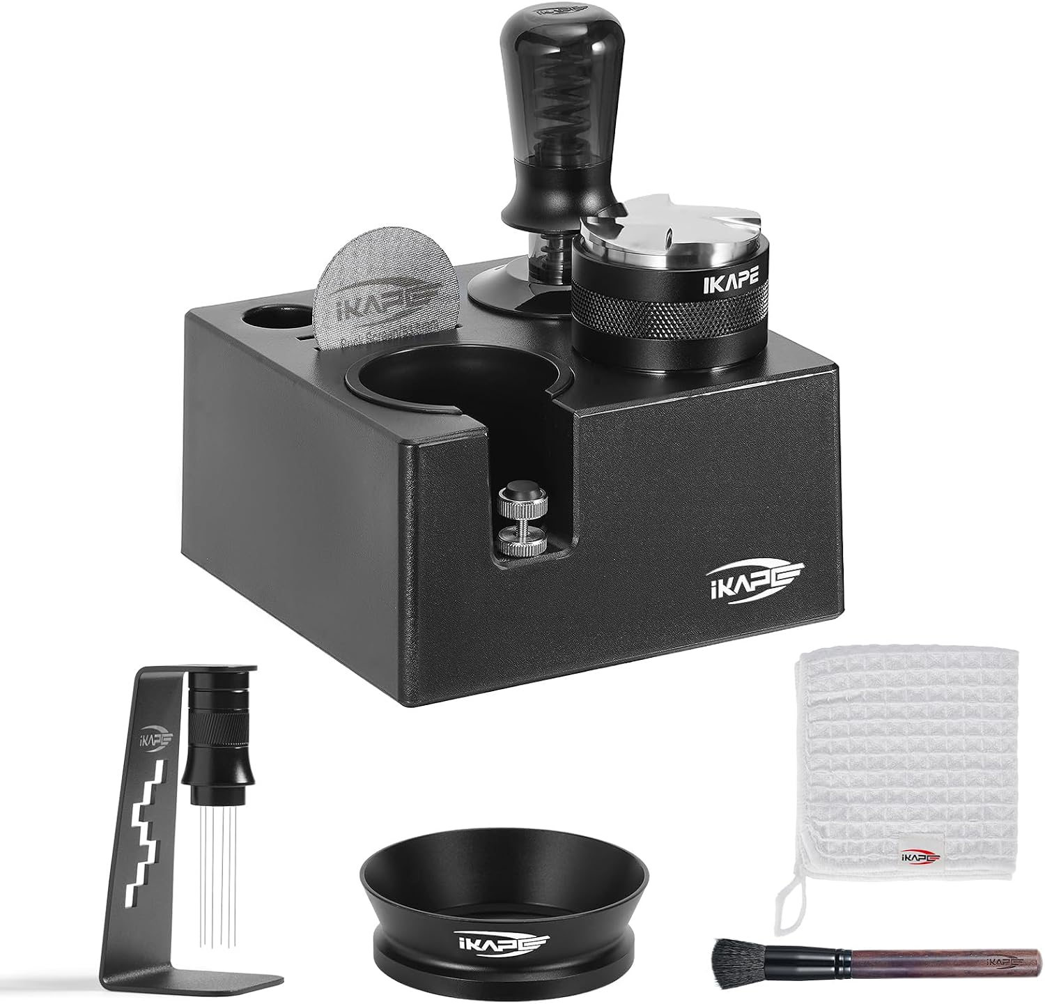 IKAPE 53MM Black Espresso Tool Set 8 IN 1, Coffee Tamper, Distributor, Magnetic Funnel, Puck Screen, Tamper Station, Stirrer Distribution Tool, Cleaning Towel and Brush