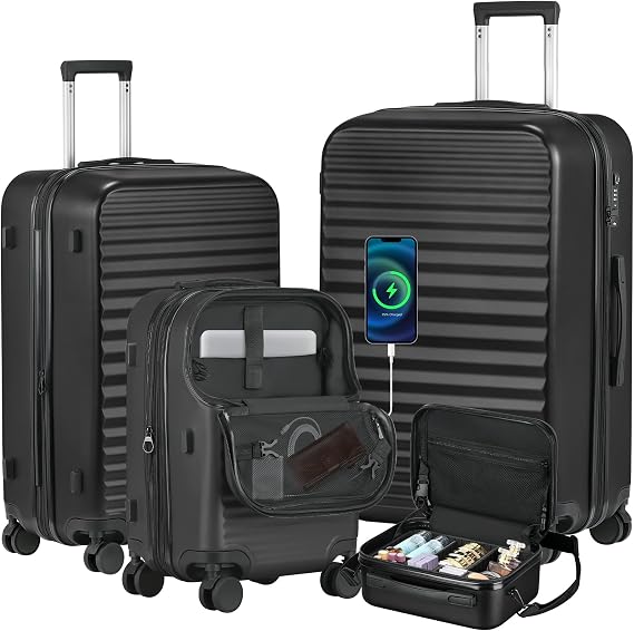 Itslife Luggage Sets 4 Piece Luggage Suitcases with Wheels, ABS shell with TSA Lock Spinner Wheels Carry On Luggage Set (20/24/28 inch, Black)