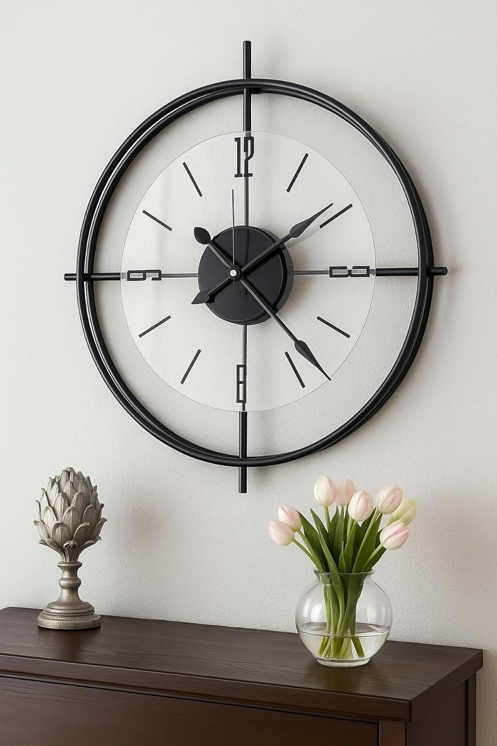 MetaQuartz Aksesuar Büyük Boy Siyah Deluxe Şeffaf Cam Iskandinav ÇİFTÇEMBER CAMLI modern Dekoratif Camlı Duvar Saati Siyah 55 x 55