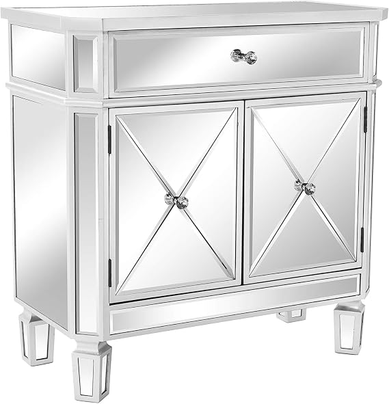 VINGLI Mirrored Cabinet, Mirrored Nightstand, Mirrored Dresser Accent Chest, Large Mirror Nightstand with 1 Drawer and Two Doors, 27.5W x 13.4D x 26.5H, Mirror