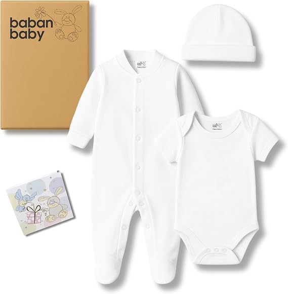 Baban Baby Clothing Gift Set Newborn Gift Box Essentials | Baby Grow, Bodysuit and Hat in a Gift Box, Baby Shower or New Baby Gift, Boy or Girl, Loved by Parents Award