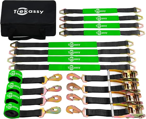 Trekassy Car Tie Down Straps for Trailers with Snap Hooks (4PK), 2" x 96" Ratchet Car Hauler Straps, 10,000lbs Break Strength (Black)