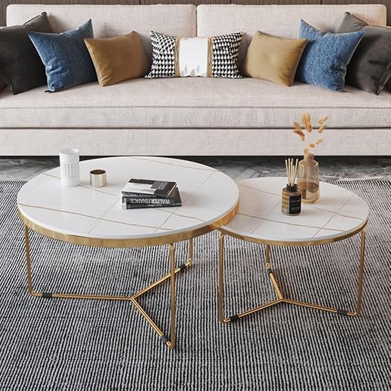 Nesting Coffee Tea Table Set of 2, Modern Round Side Eating Table, Metal End Tablw Versatile Center Couch Tables for Living Room, Sofa Side and Bedside Use(White,80+60cm/31+24IN)