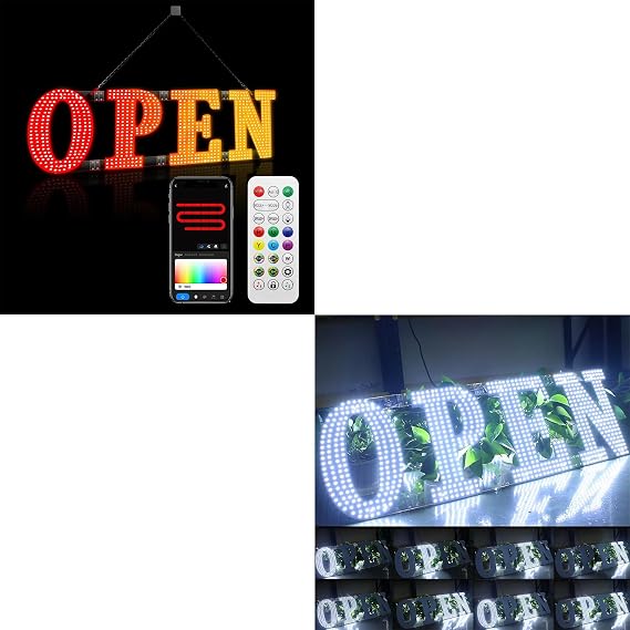 48"x16" LED Open Signs with 40" x 14" Business Hour Open Sign for Buiness, Large Open Light Up Signs with Remote Controls, Smart App, DIY Editor Colours Sign Flashing Light for Storefront Window Bar