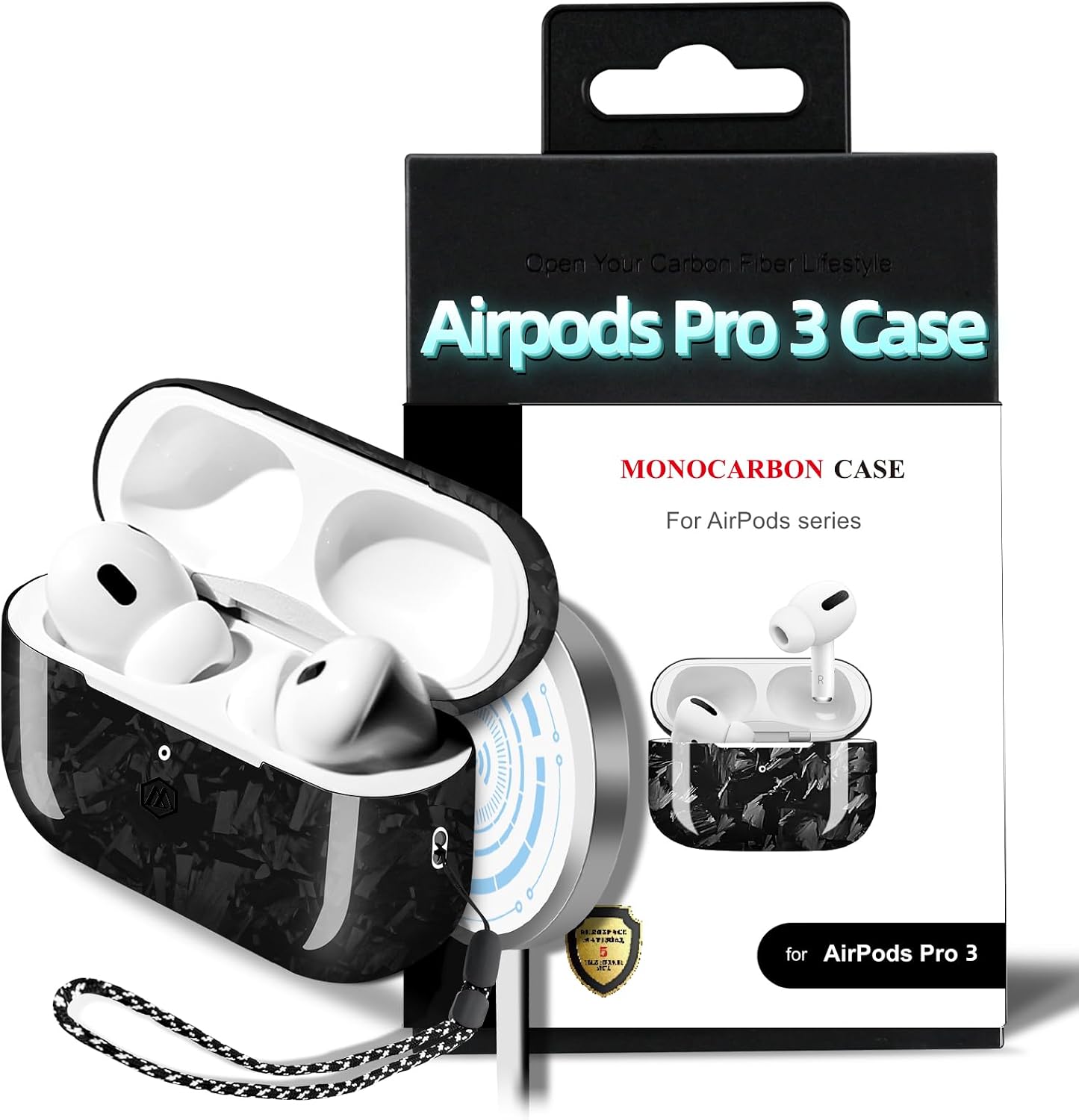 MONOCARBON Real Forged Carbon Fiber Case for AirPods Pro 3, Slim Protective Hard Cover with Lanyard, Compatible with MagSafe, Scratch-Resistant & Drop-Proof-Forged Glossy Black