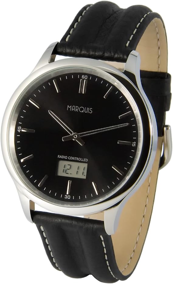MARQUIS Elegant men's radio-controlled watch (Junghans movement) black leather strap stainless steel case 964.6018
