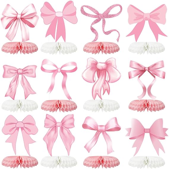 Tarklanda 12 Pcs Pink Bow Party Decorations Honeycomb Centepieces 3D Coquette Birthday Table Decor Pink Bow Party Table Topper for Birthday Bachelorette Bridal Wedding Party Supplies