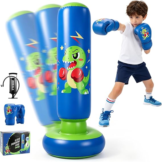 RORALA 66 Inch Inflatable Punching Bag for Kids with Boxing Gloves, Children's Boxing Bag Set Dinosaur Toy & Gifts for Boys Girls Aged 3 to 12 to Practice Karate, Taekwondo