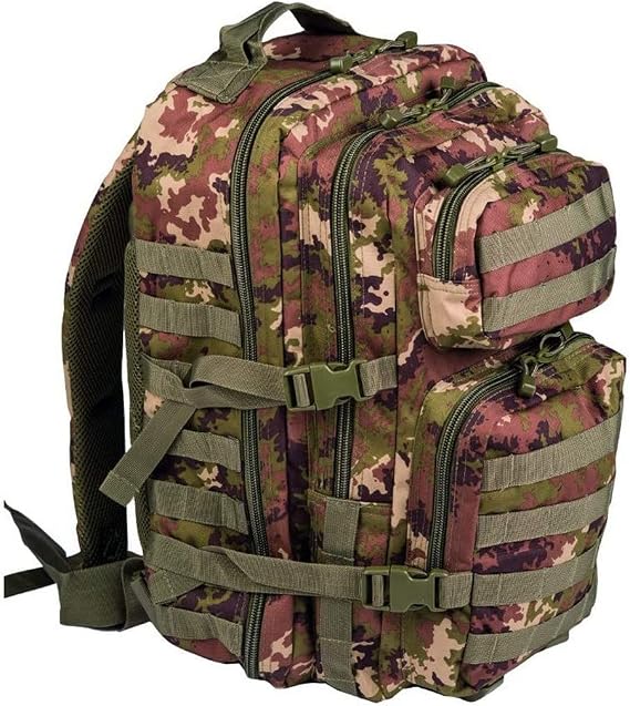 Mil-Tec Unisex Assault Pack - Rugged Durable Lightweight Ergonomic Versatile Tactical Outdoor Camping Hiking Backpack with Adjustable Padded Shoulder Straps & MOLLE Loops, Vegetato Woodland Camo, 36L