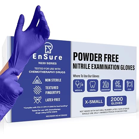 Ensure Blue Nitrile Gloves Medical Powder & Latex Free Chemical Resistant | 3Mil Disposable Nitrile Gloves, Latex & Powder Free, Puncture Resistant, For Medical, Food Service, Cleaning (X-Small, 200)