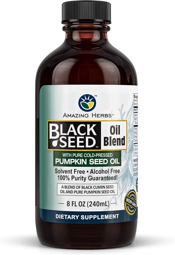 Amazing Herbs Black Seed and Pumpkin Seed Cold-Pressed Oil Blend - Gluten-Free, No Preservatives, High in Omega 3, 6, 9, Improves Immune Respones & Promotes Digestive Health - 8 Fl Oz