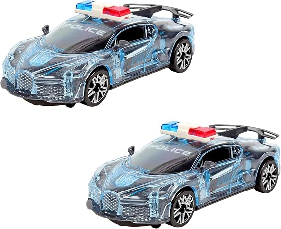 MSQUARE Transparent Black Police Toy Car, Pull-Back Mechanism, Eye Catching Design, Flashing LED Light With Police Siren Sound, Long Lasting Fun, (2pcs)