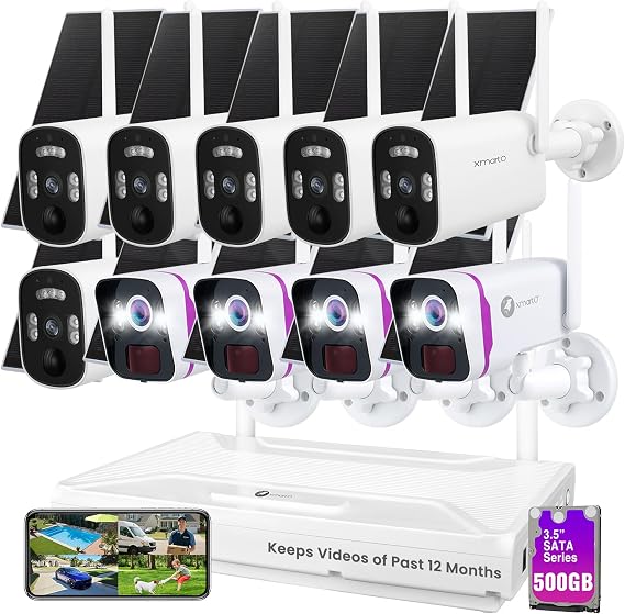 xmartO 100% Wire-Free Solar Home Security Camera System Wireless, 4-Set 2K 4MP QHD CCTV Camera Kit with 4K 10CH Expandable WiFi NVR + 6 PCS Wire-Free Solar Security Cameras
