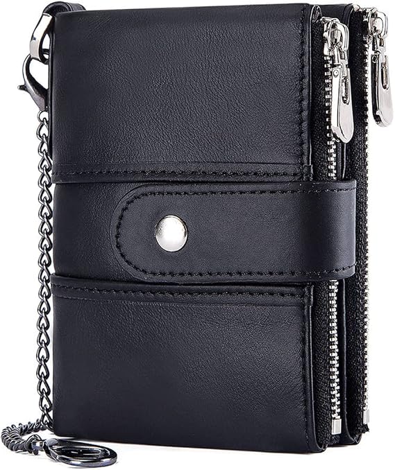 Genuine Leather Wallet RFID Blocking Ladies Purse with Chain Credit Card Holder Multi Compartment Wallet Coin Purse Women Change Pouch Black