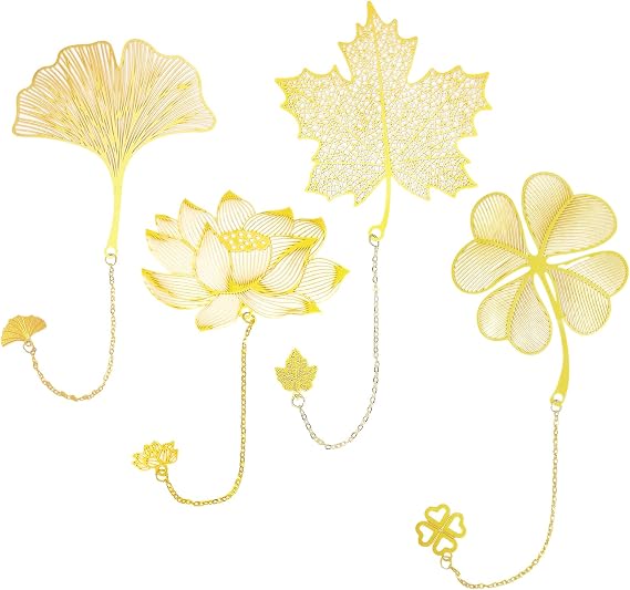 4 Pcs Golden Metal Leaf Bookmark Set with Chain, Unique Brass Page Markers Featuring Ginkgo, Maple, Clover, and Lotus, Book Lover Gifts for Women Readers Writers