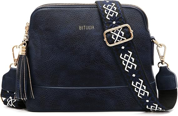 BITUOR Women's Cross Body Bag for Women Shoulder Handbags with 2 Zip Compartments Leather Hand Bags With Fashion Tassel Accessory Blue