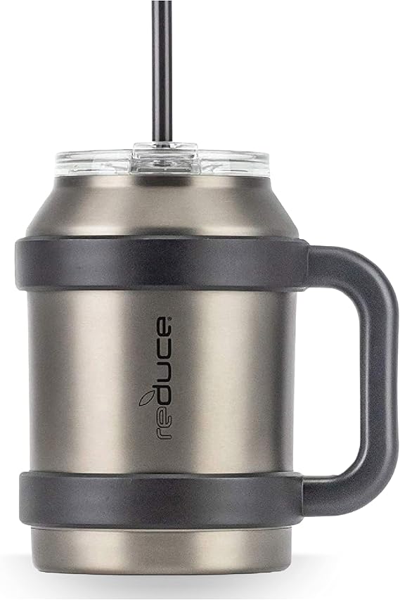 REDUCE Cold1 50 oz Reusable Mug Tumbler with Handle - Insulated Stainless Steel Water Bottle for Home, Office and Gym; Straw or Sip Leakproof Lid When Closed. Keeps Drinks Ice Cold All Day - Charcoal
