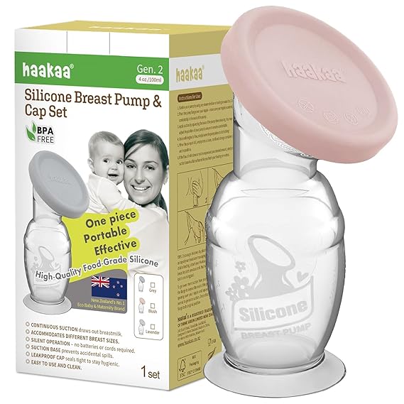 Haakaa Manual Breast Pump with Base 4 Fl Oz/100ml+Lid (Blush), Gen.2 | Spill-proof, Suction Base, Premium Silicone Made, Portable & Flexible, On-the-Go, BPA Free, PVC-free, phthalate-free