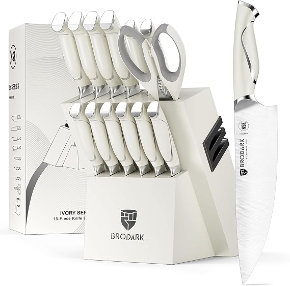 BRODARK 15Pcs Professional High Carbon Stainless Steel Knife Set With Block