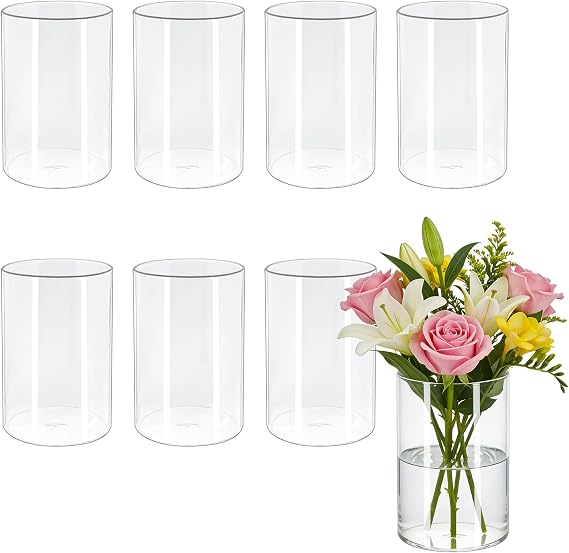 8 Pack Glass Cylinder Vases for Centerpieces, 4 Inch Tall x 2.6 Inch Wide | High Transparency, Borosilicate Construction, Lightweight, Heat Resistant, Smooth Rim, Stable Base, Wedding Table Decor
