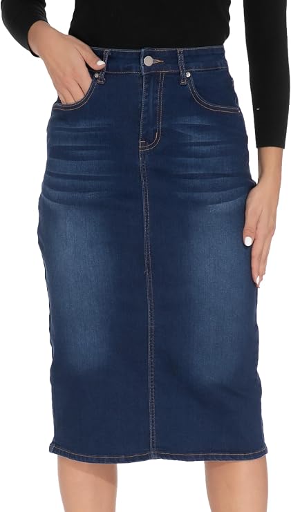 GUANYY Women's Denim Skirt Knee Length High Rise Stretch Jean Pencil Skirt