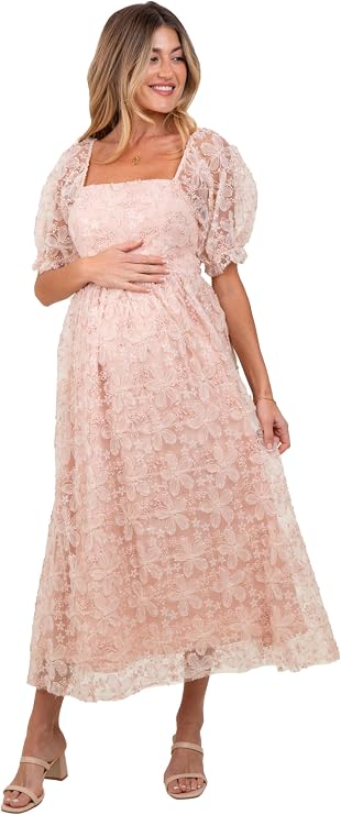 PinkBlush Light Floral Mesh Overlay Tie Back Maternity Midi Dress