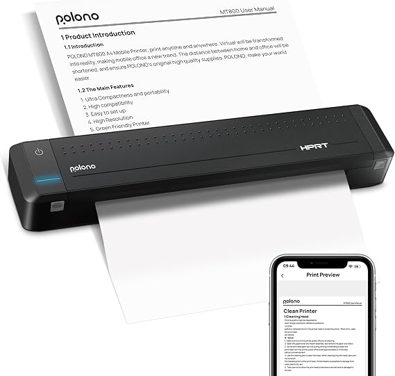 POLONO Portable Printer, MT800 2.0 Thermal Printer, Support 8.5" X 11" US Letter, Compatible with Android and iOS, Mobile Thermal Transfer Printer for Travel, Mobile Office and Home, Count