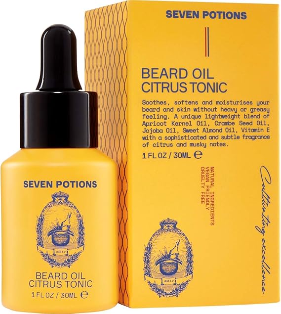 Seven Potions Premium Beard Oil for Men — Jojoba Oil Beard Softener to Nourish Skin, Hair, and Stop Beard Itch — All-Natural, Vegan, Cruelty Free — Citrus Tonic Scent (30ml)