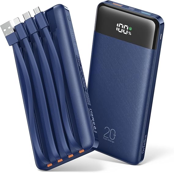 Orfeika 20000mAh Power Bank, Portable Charger with 4 Built-in Cables | 20W PD USB C Fast Charging,6 Outputs,LED Display,Flight-Safe,Travel Essentials Battery Pack for iPhone, Galaxy, iPad & More