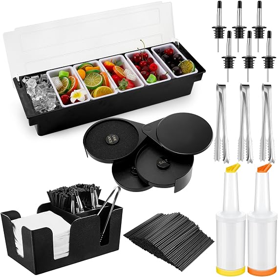 Bartending Supplies 6 Compartments Garnish Tray with Lid Bar Caddy 3 Tier Glass Rimmer Stainless Steel Bottle Pourers Juice Pouring Cocktail Tools Plastic Serving Accessories