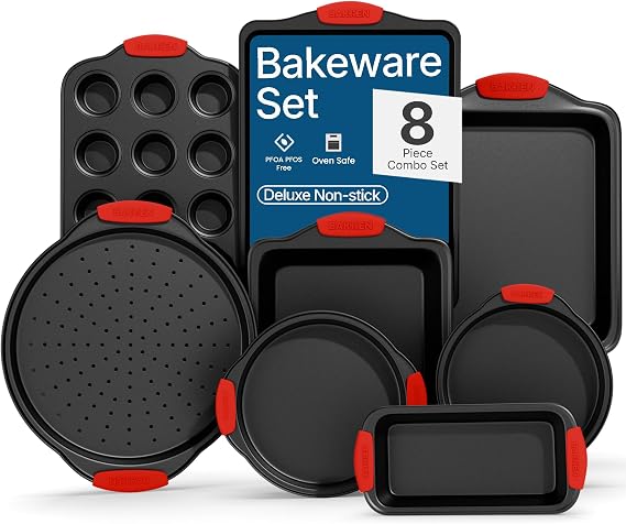 BAKKENMASTER Baking Set 8 Piece Kitchen Oven Bakeware Set Deluxe Non-Stick Black Coating Inside and Outside Carbon Steel Red Silicone Handles PFOA PFOS and PTFE Free by Bakken