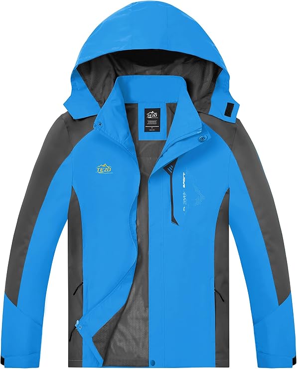TEZO Mens Rain Jacket Waterproof with Hooded Hiking Coat Lightweight Windbreaker | Windproof Mountain Jacket,Multi Zip Pockets Windbreaker,Work,Breathable,Fishing,Active Performance Shell Jackets,Outer Layer
